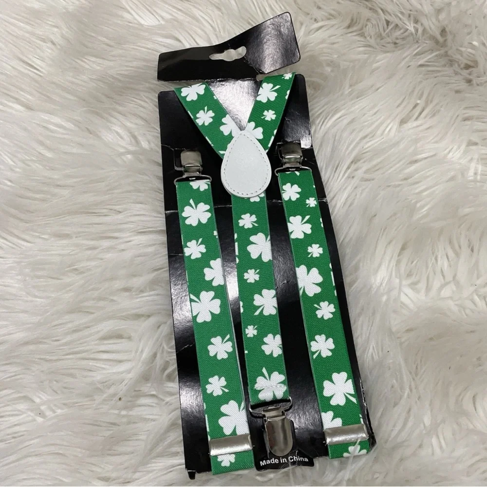 Saint Patricks Day Y Back Suspenders with Clips Shamrock Clover Print Strap Belt